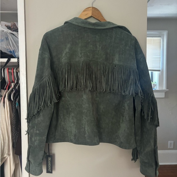 NWT Free People Twist and Shout Vegan Fringe Jacket Sz Large Olive Branch - Picture 6 of 7